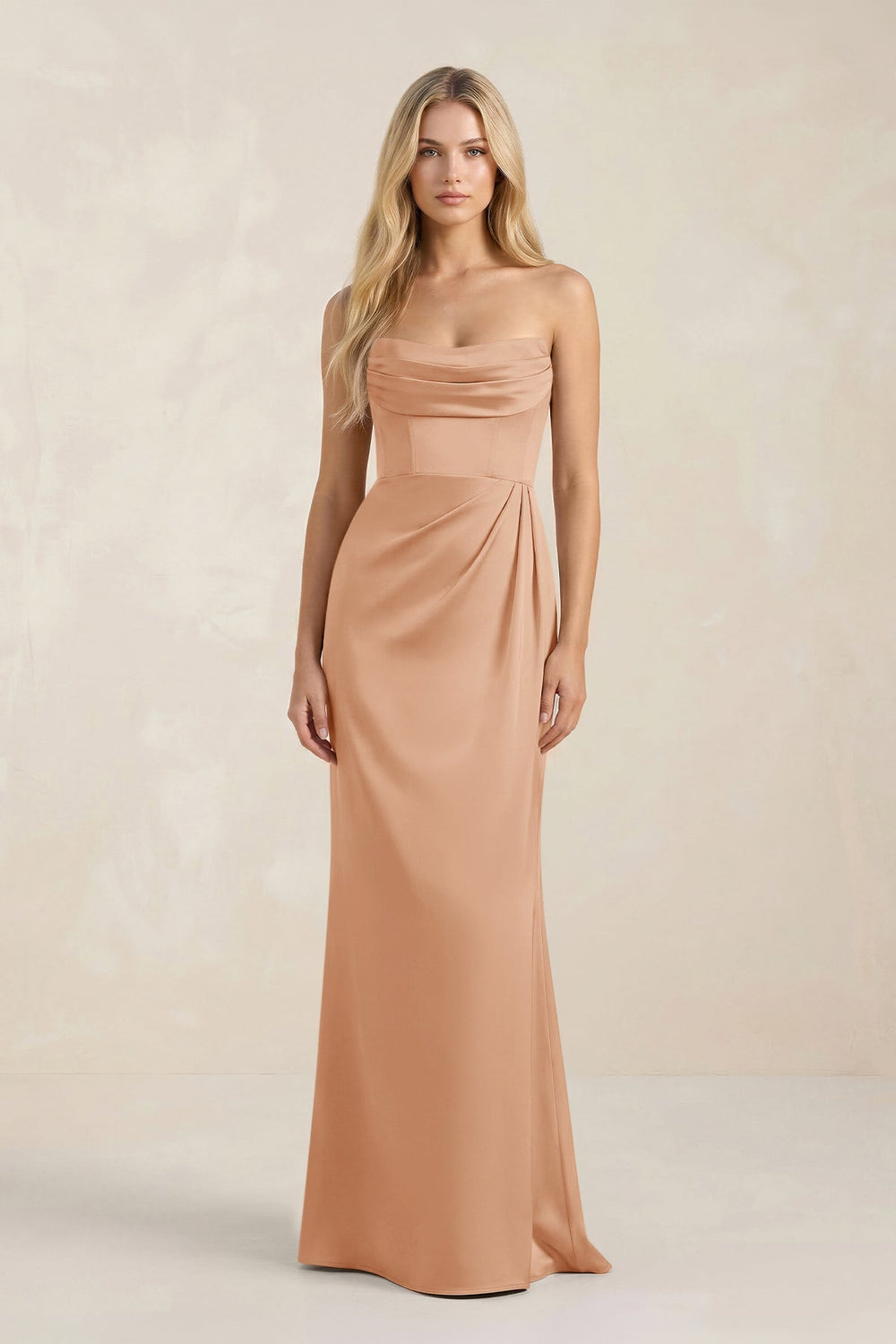 Cowl Neck Sheath Satin Bridesmaid Dress With Detachable Sleeves in Golden Champagne - KISS BRIDAL Bridesmaid Dresses