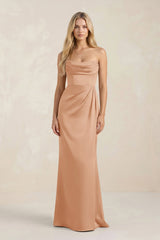 Cowl Neck Sheath Satin Bridesmaid Dress With Detachable Sleeves in Golden Champagne - KISS BRIDAL Bridesmaid Dresses