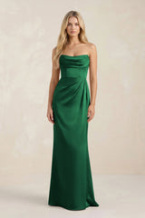 Cowl Neck Sheath Satin Bridesmaid Dress With Detachable Sleeves in Green - KISS BRIDAL Bridesmaid Dresses