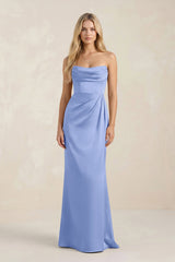 Cowl Neck Sheath Satin Bridesmaid Dress With Detachable Sleeves in Ice - KISS BRIDAL Bridesmaid Dresses