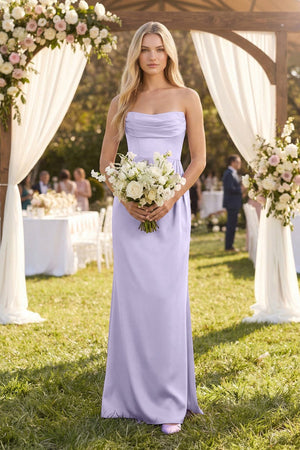 Cowl Neck Sheath Satin Bridesmaid Dress With Detachable Sleeves in Lavender - KISS BRIDAL Bridesmaid Dresses