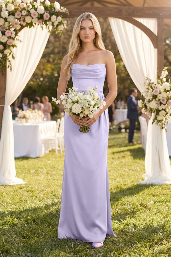 Cowl Neck Sheath Satin Bridesmaid Dress With Detachable Sleeves in Lavender - KISS BRIDAL Bridesmaid Dresses