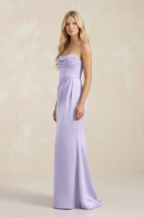 Cowl Neck Sheath Satin Bridesmaid Dress With Detachable Sleeves in Lavender - KISS BRIDAL Bridesmaid Dresses