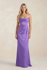 Cowl Neck Sheath Satin Bridesmaid Dress With Detachable Sleeves in Lilac - KISS BRIDAL Bridesmaid Dresses