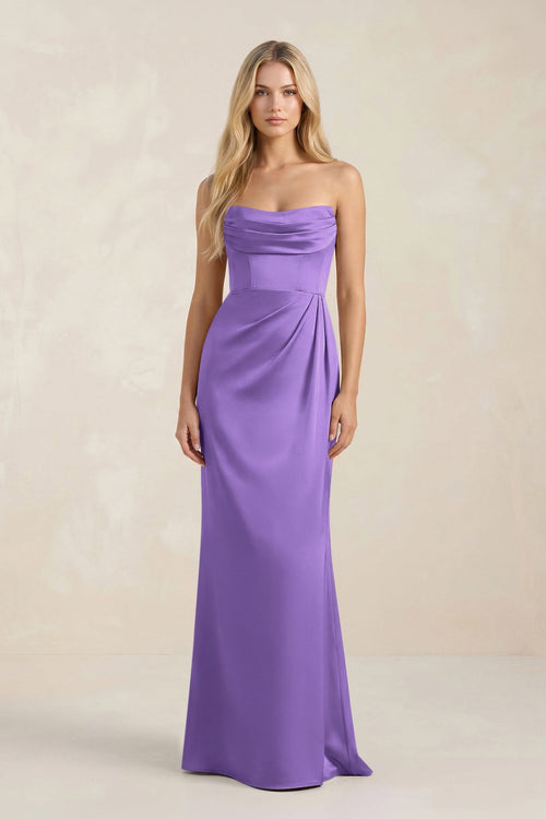 Cowl Neck Sheath Satin Bridesmaid Dress With Detachable Sleeves in Lilac - KISS BRIDAL Bridesmaid Dresses