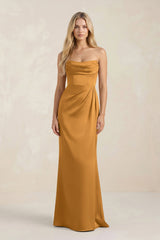 Cowl Neck Sheath Satin Bridesmaid Dress With Detachable Sleeves in Marigold - KISS BRIDAL Bridesmaid Dresses
