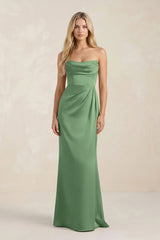Cowl Neck Sheath Satin Bridesmaid Dress With Detachable Sleeves in Matcha - KISS BRIDAL Bridesmaid Dresses