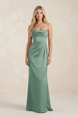 Cowl Neck Sheath Satin Bridesmaid Dress With Detachable Sleeves in Mint Green - KISS BRIDAL Bridesmaid Dresses