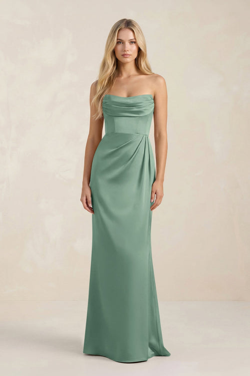 Cowl Neck Sheath Satin Bridesmaid Dress With Detachable Sleeves in Mint Green - KISS BRIDAL Bridesmaid Dresses
