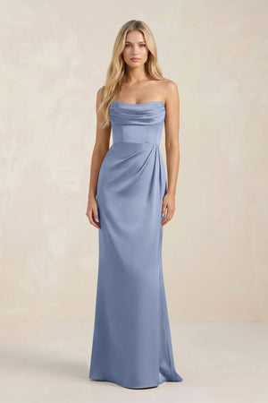 Cowl Neck Sheath Satin Bridesmaid Dress With Detachable Sleeves in Mist - KISS BRIDAL Bridesmaid Dresses