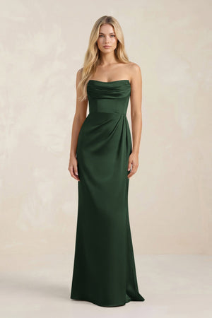 Cowl Neck Sheath Satin Bridesmaid Dress With Detachable Sleeves in Moss - KISS BRIDAL Bridesmaid Dresses
