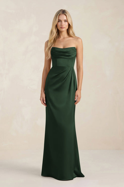 Cowl Neck Sheath Satin Bridesmaid Dress With Detachable Sleeves in Moss - KISS BRIDAL Bridesmaid Dresses