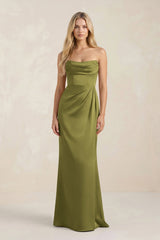 Cowl Neck Sheath Satin Bridesmaid Dress With Detachable Sleeves in Moss Green - KISS BRIDAL Bridesmaid Dresses