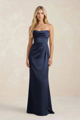 Cowl Neck Sheath Satin Bridesmaid Dress With Detachable Sleeves in Navy - KISS BRIDAL Bridesmaid Dresses
