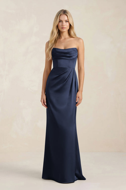 Cowl Neck Sheath Satin Bridesmaid Dress With Detachable Sleeves in Navy - KISS BRIDAL Bridesmaid Dresses