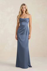 Cowl Neck Sheath Satin Bridesmaid Dress With Detachable Sleeves in Neptune - KISS BRIDAL Bridesmaid Dresses