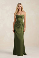 Cowl Neck Sheath Satin Bridesmaid Dress With Detachable Sleeves in Olive - KISS BRIDAL Bridesmaid Dresses