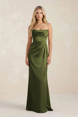 Cowl Neck Sheath Satin Bridesmaid Dress With Detachable Sleeves in Olive - KISS BRIDAL Bridesmaid Dresses