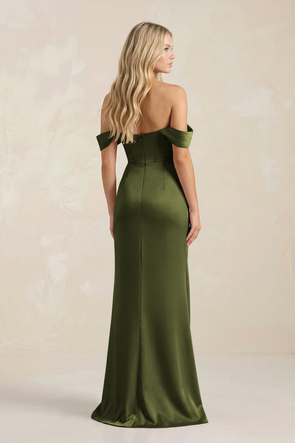 Cowl Neck Sheath Satin Bridesmaid Dress With Detachable Sleeves in Olive - KISS BRIDAL Bridesmaid Dresses