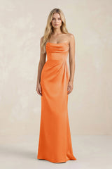 Cowl Neck Sheath Satin Bridesmaid Dress With Detachable Sleeves in Orange - KISS BRIDAL Bridesmaid Dresses