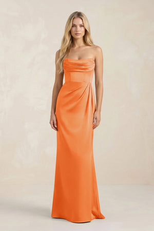 Cowl Neck Sheath Satin Bridesmaid Dress With Detachable Sleeves in Orange - KISS BRIDAL Bridesmaid Dresses