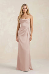 Cowl Neck Sheath Satin Bridesmaid Dress With Detachable Sleeves in Pale Blush - KISS BRIDAL Bridesmaid Dresses