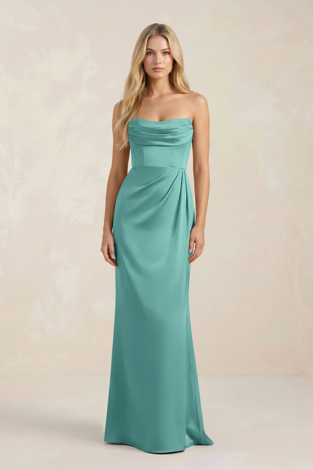 Cowl Neck Sheath Satin Bridesmaid Dress With Detachable Sleeves in Pale Pistachio - KISS BRIDAL Bridesmaid Dresses