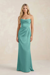 Cowl Neck Sheath Satin Bridesmaid Dress With Detachable Sleeves in Pale Pistachio - KISS BRIDAL Bridesmaid Dresses