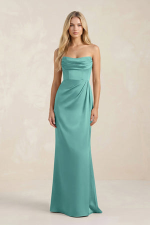 Cowl Neck Sheath Satin Bridesmaid Dress With Detachable Sleeves in Pale Pistachio - KISS BRIDAL Bridesmaid Dresses