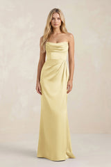 Cowl Neck Sheath Satin Bridesmaid Dress With Detachable Sleeves in Pastel Yellow - KISS BRIDAL Bridesmaid Dresses