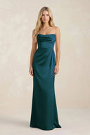 Cowl Neck Sheath Satin Bridesmaid Dress With Detachable Sleeves in Pine - KISS BRIDAL Bridesmaid Dresses