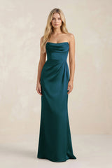 Cowl Neck Sheath Satin Bridesmaid Dress With Detachable Sleeves in Pine - KISS BRIDAL Bridesmaid Dresses