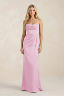 Cowl Neck Sheath Satin Bridesmaid Dress With Detachable Sleeves in Pink - KISS BRIDAL Bridesmaid Dresses