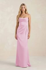 Cowl Neck Sheath Satin Bridesmaid Dress With Detachable Sleeves in Pink - KISS BRIDAL Bridesmaid Dresses