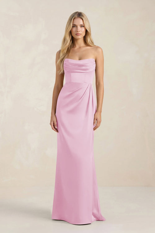 Cowl Neck Sheath Satin Bridesmaid Dress With Detachable Sleeves in Pink - KISS BRIDAL Bridesmaid Dresses