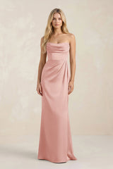 Cowl Neck Sheath Satin Bridesmaid Dress With Detachable Sleeves in Rose Petal - KISS BRIDAL Bridesmaid Dresses