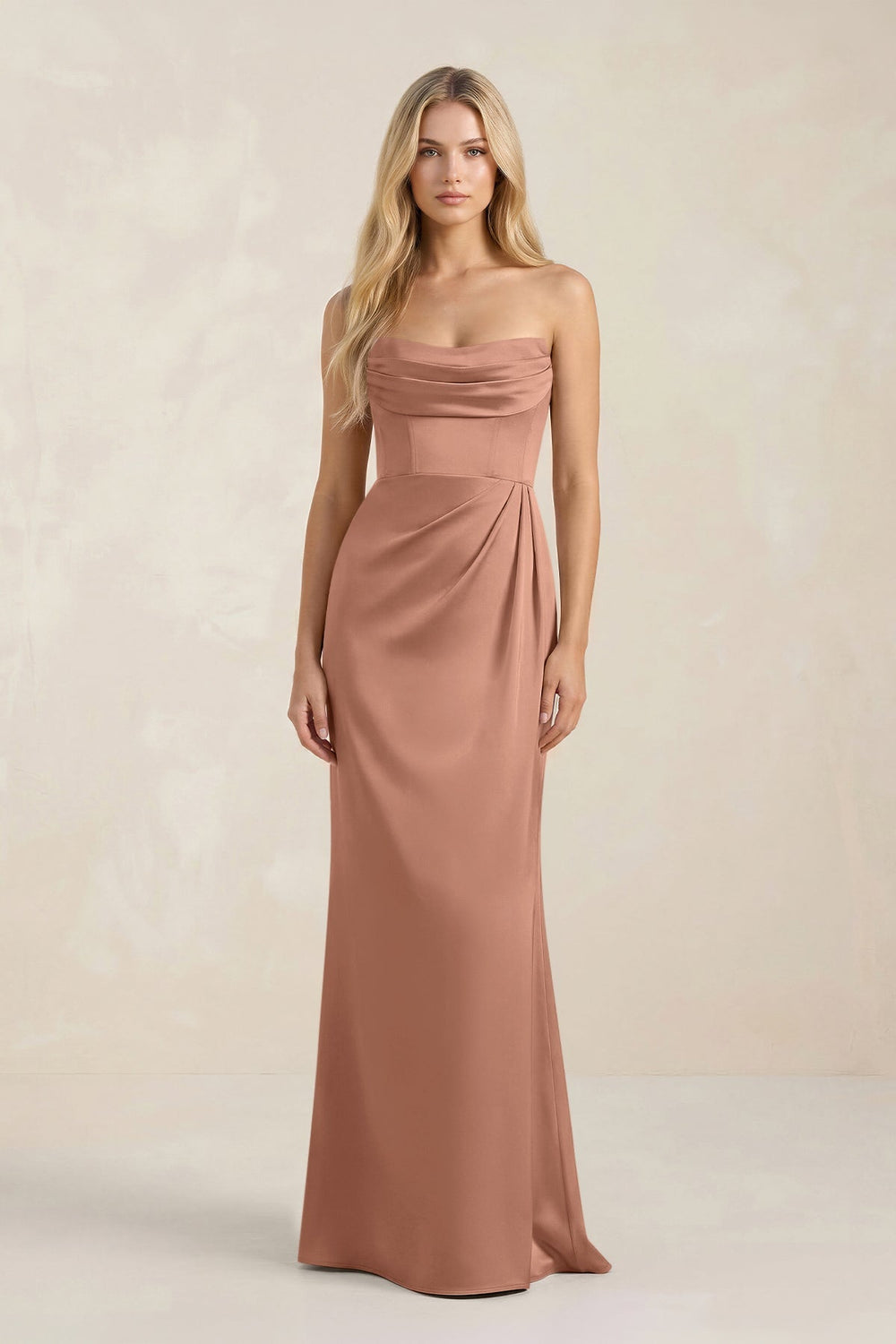 Cowl Neck Sheath Satin Bridesmaid Dress With Detachable Sleeves in Rosette - KISS BRIDAL Bridesmaid Dresses