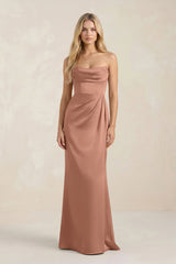 Cowl Neck Sheath Satin Bridesmaid Dress With Detachable Sleeves in Rosette - KISS BRIDAL Bridesmaid Dresses