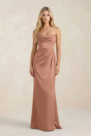 Cowl Neck Sheath Satin Bridesmaid Dress With Detachable Sleeves in Rosette - KISS BRIDAL Bridesmaid Dresses