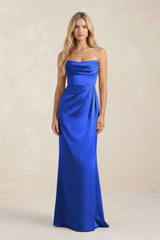 Cowl Neck Sheath Satin Bridesmaid Dress With Detachable Sleeves in Royal Blue - KISS BRIDAL Bridesmaid Dresses