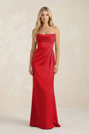 Cowl Neck Sheath Satin Bridesmaid Dress With Detachable Sleeves in Ruby Red - KISS BRIDAL Bridesmaid Dresses