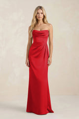 Cowl Neck Sheath Satin Bridesmaid Dress With Detachable Sleeves in Ruby Red - KISS BRIDAL Bridesmaid Dresses