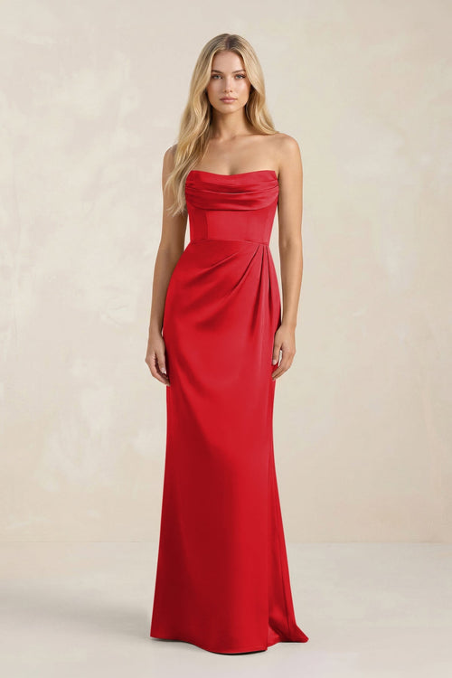 Cowl Neck Sheath Satin Bridesmaid Dress With Detachable Sleeves in Ruby Red - KISS BRIDAL Bridesmaid Dresses