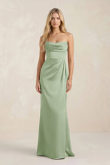 Cowl Neck Sheath Satin Bridesmaid Dress With Detachable Sleeves in Sage - KISS BRIDAL Bridesmaid Dresses