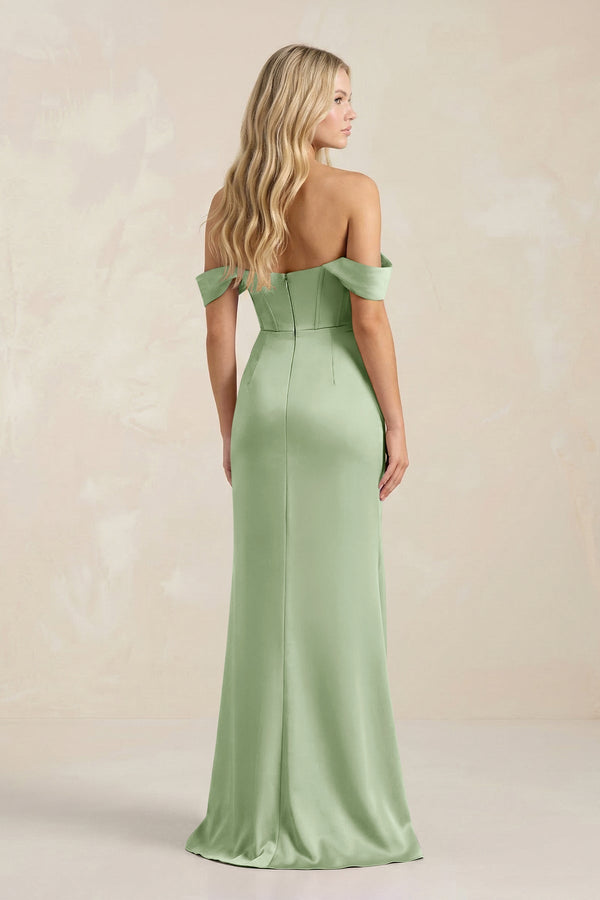 Cowl Neck Sheath Satin Bridesmaid Dress With Detachable Sleeves in Sage - KISS BRIDAL Bridesmaid Dresses