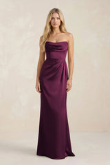 Cowl Neck Sheath Satin Bridesmaid Dress With Detachable Sleeves in Sangria - KISS BRIDAL Bridesmaid Dresses