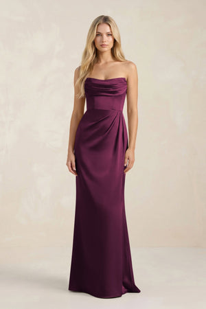 Cowl Neck Sheath Satin Bridesmaid Dress With Detachable Sleeves in Sangria - KISS BRIDAL Bridesmaid Dresses