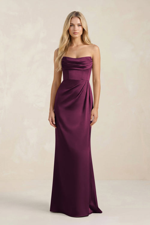 Cowl Neck Sheath Satin Bridesmaid Dress With Detachable Sleeves in Sangria - KISS BRIDAL Bridesmaid Dresses