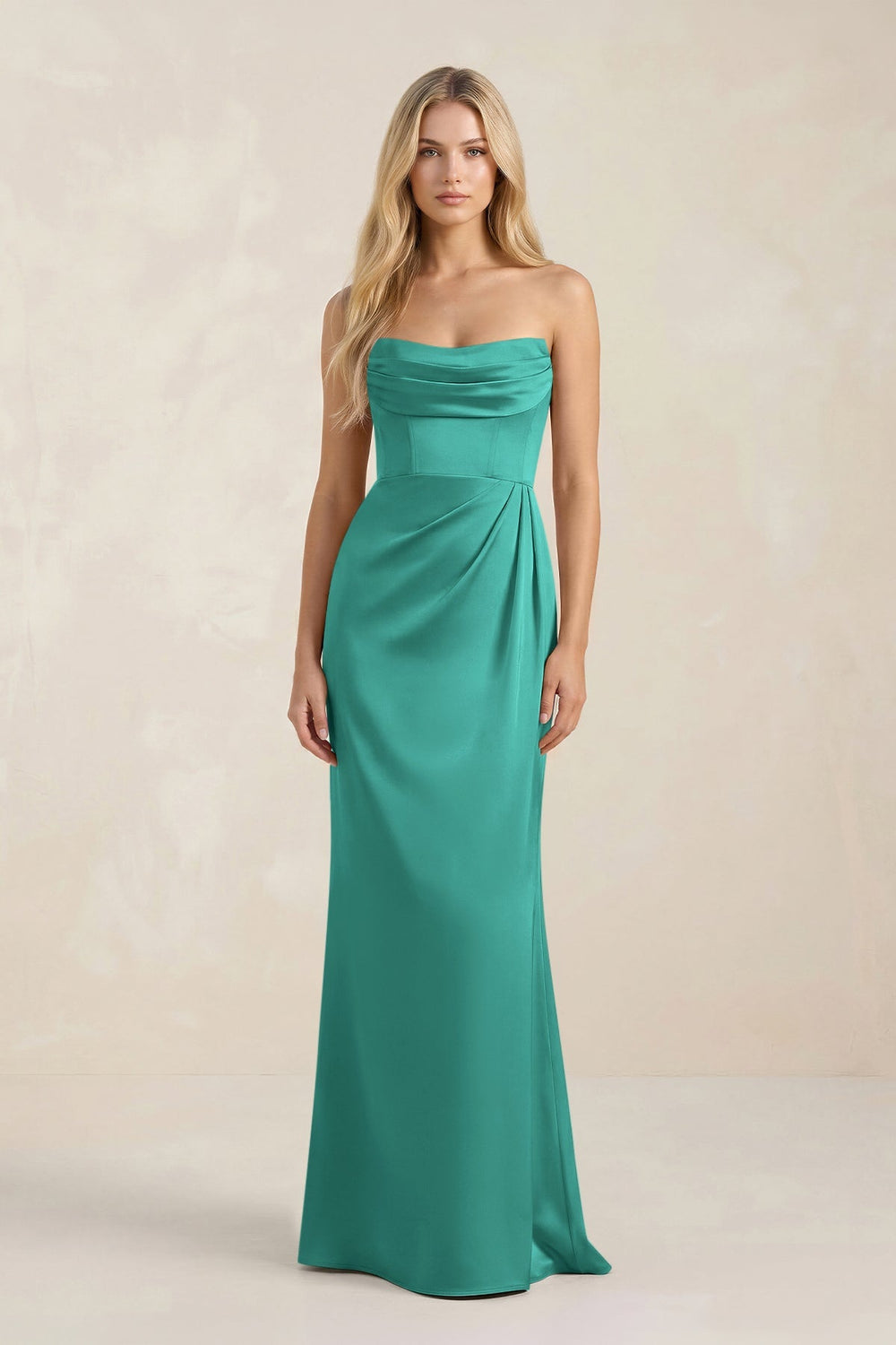 Cowl Neck Sheath Satin Bridesmaid Dress With Detachable Sleeves in Sea Glass - KISS BRIDAL Bridesmaid Dresses