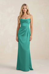 Cowl Neck Sheath Satin Bridesmaid Dress With Detachable Sleeves in Sea Glass - KISS BRIDAL Bridesmaid Dresses